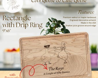a couple of silly gooses maple hardwood cutting board | personalized + engraved carving | rectangle with drip ring (9"x6")| geese design