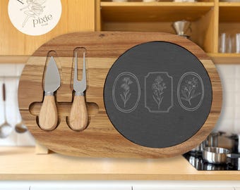 floral engraved charcuterie board | 12.5 " x 7.75" slast w/ acasia wood cheese board | homewarming gift | pixel pixies club