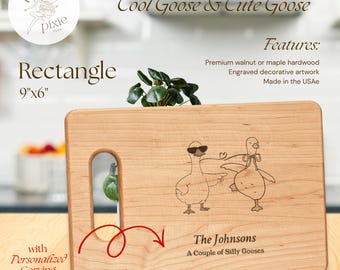 a couple of silly gooses maple hardwood cutting board | rectangle (9"x6") | personalized + engraved carving | cool goose & cute goose design