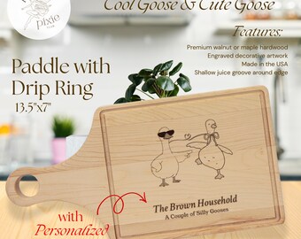 a couple of silly geeses maple hardwood cutting board | personalized + engraved carving |  paddle w/ drip ring (13.5"x 7") | goose design