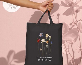 allow yourself to grow 15" x 16" (12 oz) tote bag | wildflower bloom canvas tote | botanical cottagecore cotton spring re-usable bag