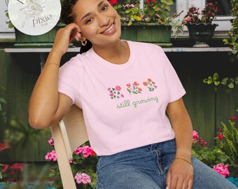 still growing t-shirt | S-4XL | floral trio tee | natural, cornsilk, light blue, light pink, and pistachio colors