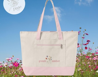 growth mindset zippered canvas 12 oz tote | 18" (W) x 14" (H) x 4.5" (D) and cotton | floral wildflower garden re-usable bag