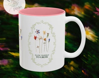 allow yourself to grow | wildflower floral 11oz mug | two-tone accent ceramic mug | 10 colors options | cottagecore design
