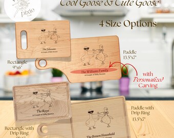 a couple of silly gooses maple hardwood cutting board | personalized + engraved carving | cool goose & cute goose design