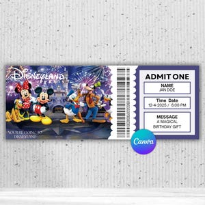 Puede incluir: Un boleto de Disneyland París con personajes de Disney y fuegos artificiales. El boleto incluye el texto "ADMIT ONE", un nombre, fecha, hora y un mensaje de cumpleaños. El logotipo de Canva también es visible.