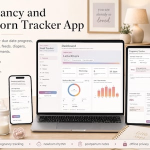 May include: A laptop, tablet, and smartphone show a pregnancy and newborn tracker app interface. The app tracks due date, kicks, contractions, feeds, nappies, sleep, and appointments. A baby bottle, dummy, and notebook are also visible.
