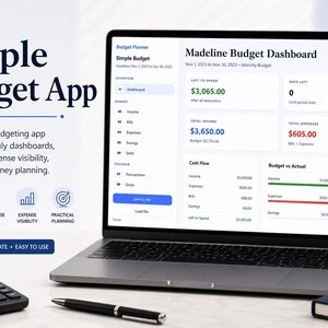 May include: A laptop displays a budget app interface with financial data. The screen shows a dashboard with income, expenses, and savings. The app is described as having clear dashboards, bill tracking, and expense visibility. A calculator, pen, and notebook are in the foreground.