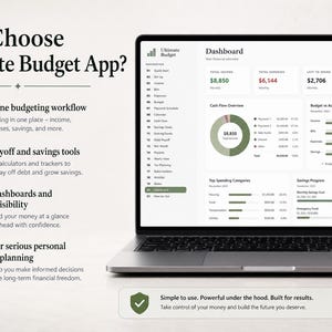 May include: A laptop screen shows the Ultimate Budget App interface, displaying financial information with charts and graphs. The screen highlights features such as budgeting workflow, debt payoff tools, and clear dashboards. Text on the screen reads "Dashboard" and "November 2022".
