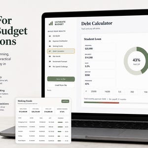 May include: A laptop screen showing a debt calculator interface with student loan details and a sinking funds window. The text reads "Built For Real Budget Decisions". The screen displays financial data and progress indicators.