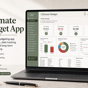May include: A laptop screen shows the "Ultimate Budget App", displaying financial information with charts and graphs. The app offers features such as bill tracking, savings goals, and debt management. A calculator, pen, and book are in the foreground.