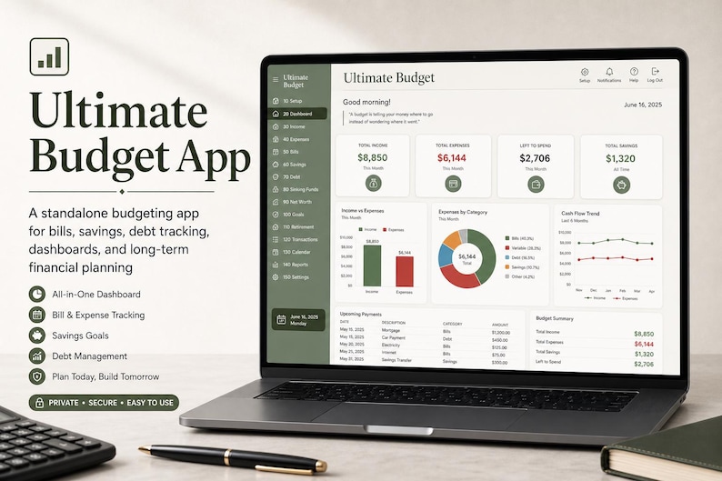 May include: A laptop screen shows the "Ultimate Budget App", displaying financial information with charts and graphs. The app offers features such as bill tracking, savings goals, and debt management. A calculator, pen, and book are in the foreground.