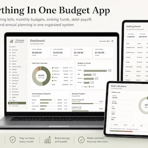 May include: A laptop, tablet, and smartphone show a budgeting app interface. The app, titled "Everything In One Budget App," manages finances with dashboards, debt payoff, and annual planning. The interface is in shades of green and white.