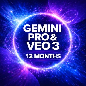 Op de afbeelding: Een digitale afbeelding met een blauwe en paarse kosmische achtergrond. De tekst "GEMINI PRO & VEO 3" is wit, omcirkeld door een gloeiende witte ring. Daaronder staat de tekst "12 MAANDEN".