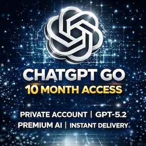 Pode incluir: Gráfico digital com fundo azul escuro e uma rede de linhas brilhantes. A imagem apresenta o texto "CHATGPT GO 10 MONTH ACCESS" em branco e dourado. Texto adicional inclui "PRIVATE ACCOUNT | GPT-5.2" e "PREMIUM AI | INSTANT DELIVERY."