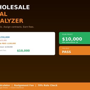 Peut inclure: Graphique numérique avec le texte « WHOLESALE DEAL ANALYZER » et des données financières. L'image comprend des sections pour « THE DEAL » et « YOUR PROFIT », affichant des chiffres tels que l'ARV, les réparations et les montants des contrats. Une case verte affiche un bénéfice de 10 000 $.