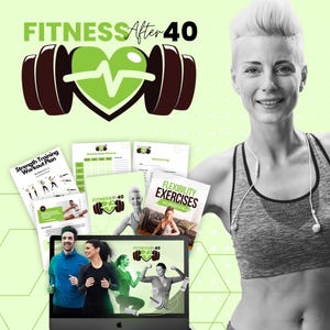 Pode incluir: Imagem promocional de um programa de fitness intitulado "Fitness After 40". O design apresenta um coração verde com uma linha de pulso, halteres e vários materiais de treino. Uma mulher em roupa de treino sorri, com um ecrã de computador a mostrar vídeos de treino.