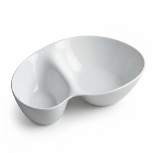 May include: A white, two-section serving bowl with a unique, curved design. The bowl has a smooth, glossy finish and is ideal for serving snacks, dips, or appetizers. The bowl's dimensions are approximately 12 inches long and 6 inches wide.