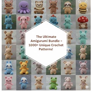 Puede incluir: Una colección de animales amigurumi de ganchillo de colores, incluyendo osos, conejos y un pulpo. La imagen presenta una variedad de tamaños y colores, con el texto "The Ultimate Amigurumi Bundle - 1000+ Unique Crochet Patterns!"