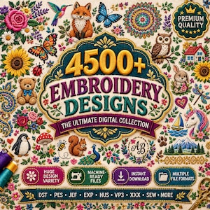 Könnte beinhalten: Eine digitale Sammlung von 4500+ Stickmustern mit farbenfrohen Illustrationen von Tieren, Blumen, Schmetterlingen und Landschaften. Der zentrale Text lautet 4500+ EMBROIDERY DESIGNS THE ULTIMATE DIGITAL COLLECTION mit Symbolen für maschinenfertige Dateien.