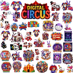 Op de afbeelding: Een verzameling kleurrijke stickers met personages en logo's van The Amazing Digital Circus. De ontwerpen bevatten diverse stripfiguren, een rood-gele circustent, een uitgangsbord en de tekst Digital Circus.
