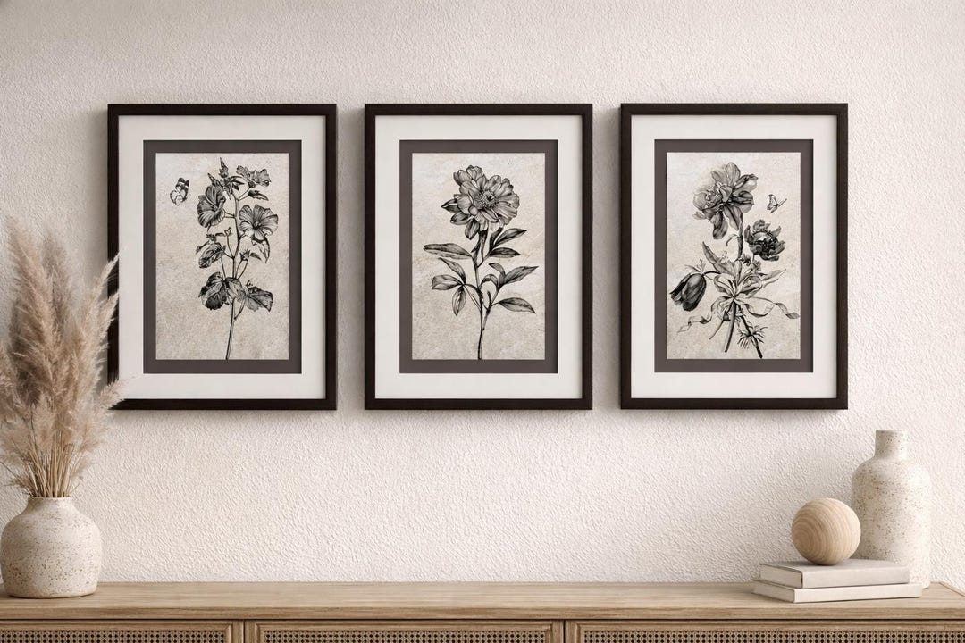 Vintage Botanical Prints Set | Black White Floral Sketch Wall Art ...