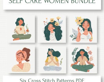 Boho Self Care Women Cross Stitch Bundle – 6 Wellness & Yoga Patterns PDF
