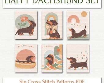 Dachshund Cross Stitch Set | Six Minimalist Dog Patterns | Sausage Dog Bundle | PDF Download