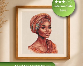 African Woman Cross Stitch Pattern | Black Woman Portrait Embroidery PDF | Ethnic Headwrap Needlepoint Art