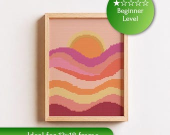 Easy Geometric Sunset Cross Stitch Pattern | Beginner Abstract Landscape | Simple Modern Embroidery | PDF Download