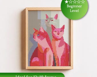 Easy Colorful Cats Cross Stitch Pattern | Beginner Cat Design | Modern Feline Embroidery | PDF Download