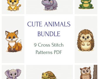 Kawaii Animal Cross Stitch Patterns Bundle – 9 Woodland Nursery PDF Designs