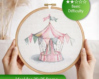 Pastel Carousel Cross Stitch Pattern | Baby Nursery Decor, Circus Embroidery Chart (PDF Download)