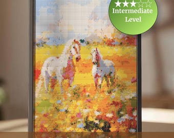 Two White Horses Cross Stitch Pattern | Colorful Landscape Nature Embroidery Chart (PDF)