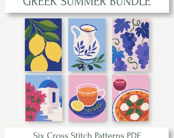 Greek Summer Cross Stitch Bundle – 6 Mediterranean Patterns (PDF)