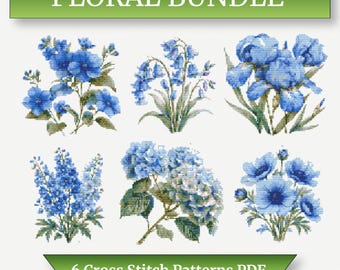 Blue Flower Cross Stitch Bundle – 6 Botanical PDF Patterns
