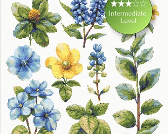 Forest Floral Bundle Cross Stitch Patterns PDF – Botanical Flower Collection, Woodland Wildflower Embroidery Set