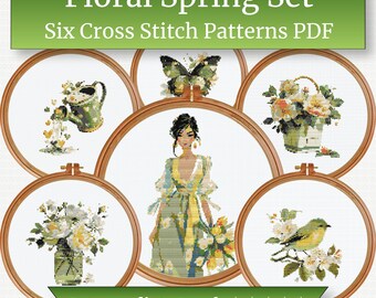 Floral Cross Stitch Bundle | 6 Spring Patterns, Vintage Flowers (PDF Download)