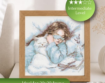 Cozy Morning with Cat Cross Stitch Pattern | Woman in Bed Embroidery PDF