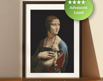Lady with Ermine Cross Stitch Pattern | Leonardo da Vinci Renaissance Portrait (PDF Download)