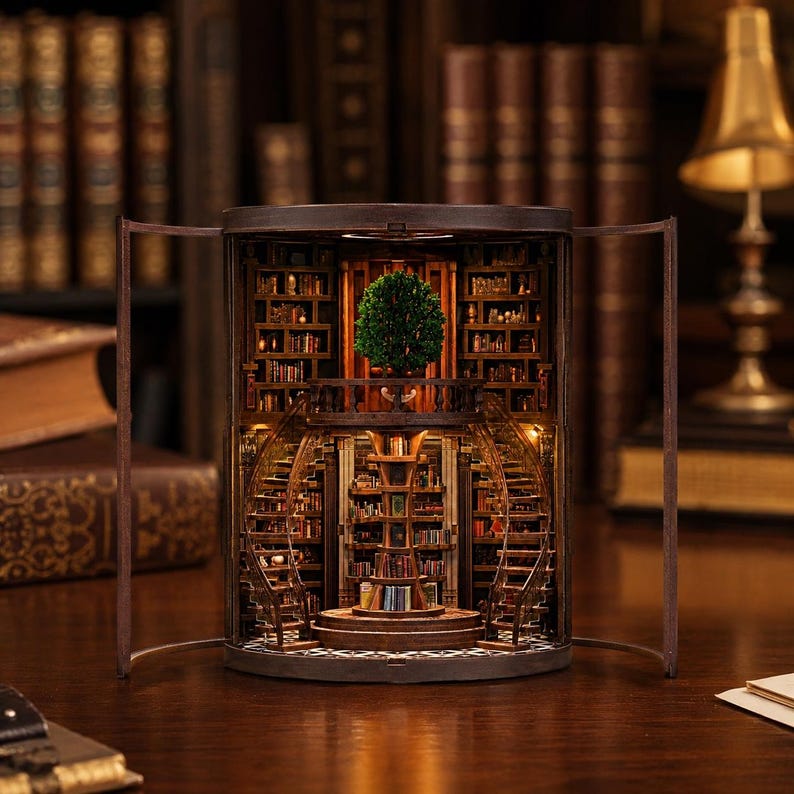Op de afbeelding: Een miniatuur, verlicht bibliotheekdiorama met gedetailleerde boekenplanken, wenteltrappen en een centrale boom. Het diorama is gehuisvest in een cirkelvormig, open frame. Het kleurenpalet bestaat uit warme bruin- en goudtinten.
