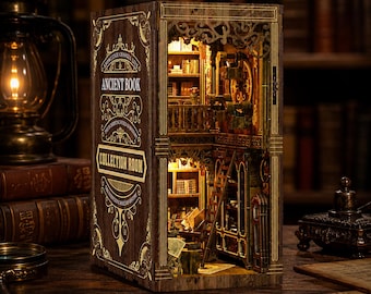 Antieke bibliotheek boekenhoek kit, doe-het-zelf 3D houten puzzel boekenplank inzetstuk met led-verlichting, fantasie bibliotheek diorama cadeau