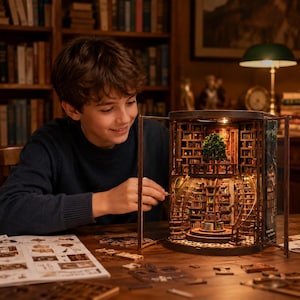 Op de afbeelding: Een houten miniatuur bibliotheekmodel met ingewikkelde details, waaronder boekenplanken, een kleine boom en binnenverlichting. Het model is gedeeltelijk geassembleerd, met stukken en instructies zichtbaar op de tafel. De kleurstelling is warmbruin.