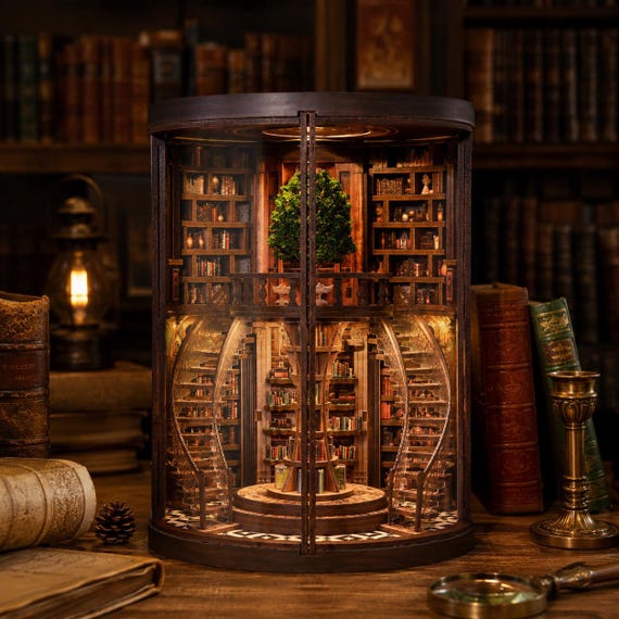 Wisdom Rings Book Nook Kit, DIY Handmade 3D Wooden Puzzle, Miniature Fantasy Library Dollhouse Bookshelf Diorama Gift