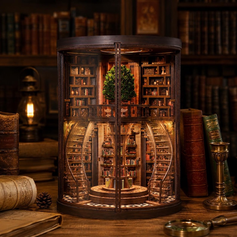 Op de afbeelding: Een gedetailleerd, miniatuur houten boekenplank diorama met binnenverlichting. Het diorama heeft meerdere niveaus van boekenplanken, een centrale boom en wenteltrappen. De structuur is ingesloten in een heldere, cilindrische behuizing.