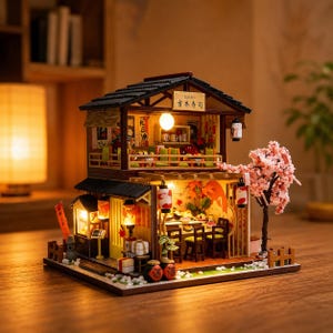 May include: A detailed miniature Japanese sushi restaurant model. It has a two-storey design with a black roof, wooden frame, and paper lanterns. A small cherry blossom tree is on the side. The sign says "Sushi" in Japanese.