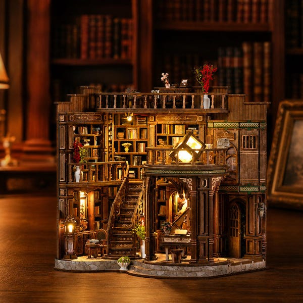 Halloween Dromerige Boekenhoek Boekhoek Bouwpakket, DIY Handgemaakt 3D Houten Puzzel Poppenhuis, Miniatuur Fantasie Bibliotheek Diorama Cadeau