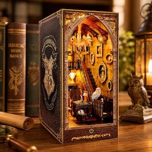 Può includere: Un diorama in miniatura illuminato a forma di libro, con una scena interna dettagliata con una scala, mobili e una piccola statuina di gufo. La copertina del libro è marrone scuro con dettagli e testo dorati. L'interno è illuminato da luci calde.