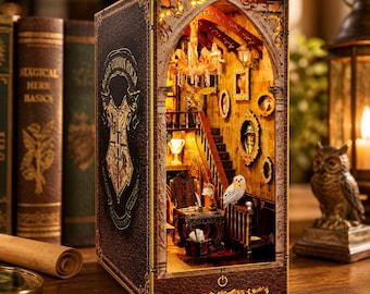DIY Magic Academy Book Nook Kit, Light Up Wizard Library Diorama, Miniature Bookshelf Insert, Fantasy Decor Gift