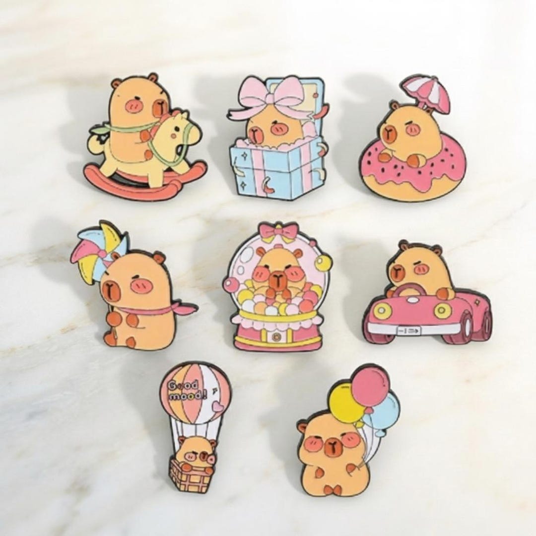 Cute Capybara Enamel Pin Set, Gumball Car Balloon Donut Gift Box ...